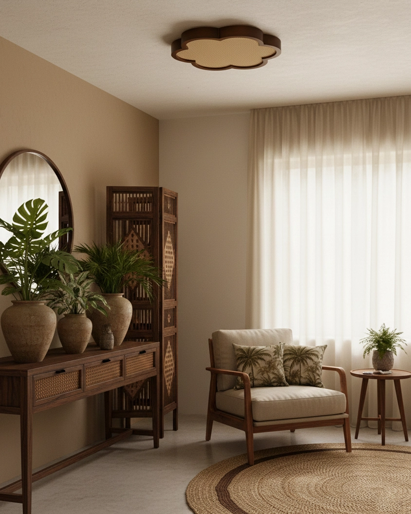 Warm rattan ceiling fixture with integrated LED in cozy boho reading corner with tropical natural decor