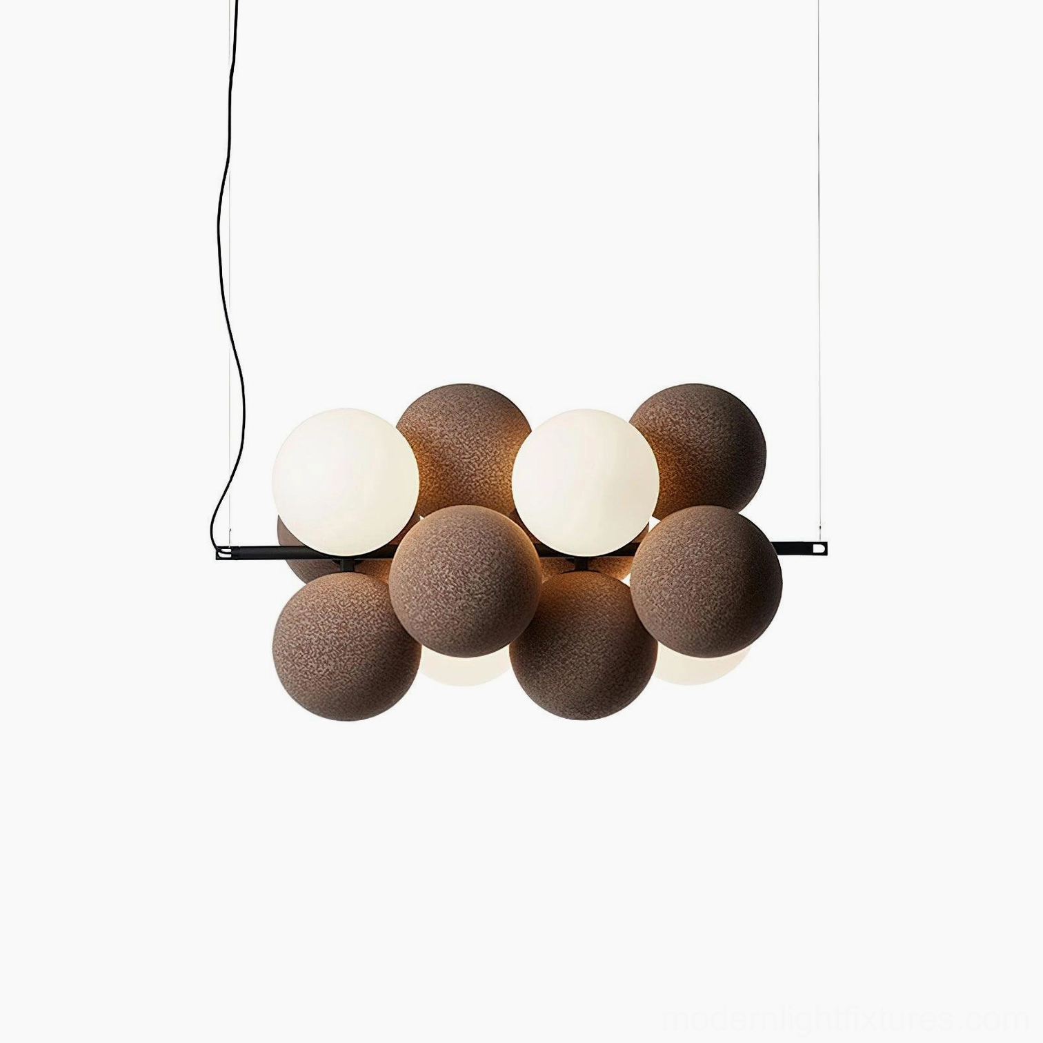Coffee brown bubble pendant light over dining area showcasing warm minimalist Japandi aesthetic
