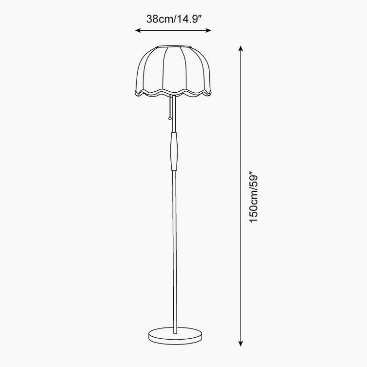 Colette floor lamp technical dimensions schematic diagram showing 38cm width and 150cm total height specifications