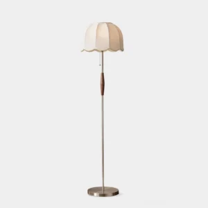Colette scalloped fabric floor lamp with metal stand and wooden accent, front full-body view on white background