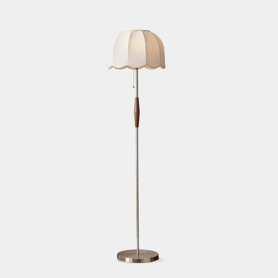 Colette scalloped fabric floor lamp with metal stand and wooden accent, front full-body view on white background
