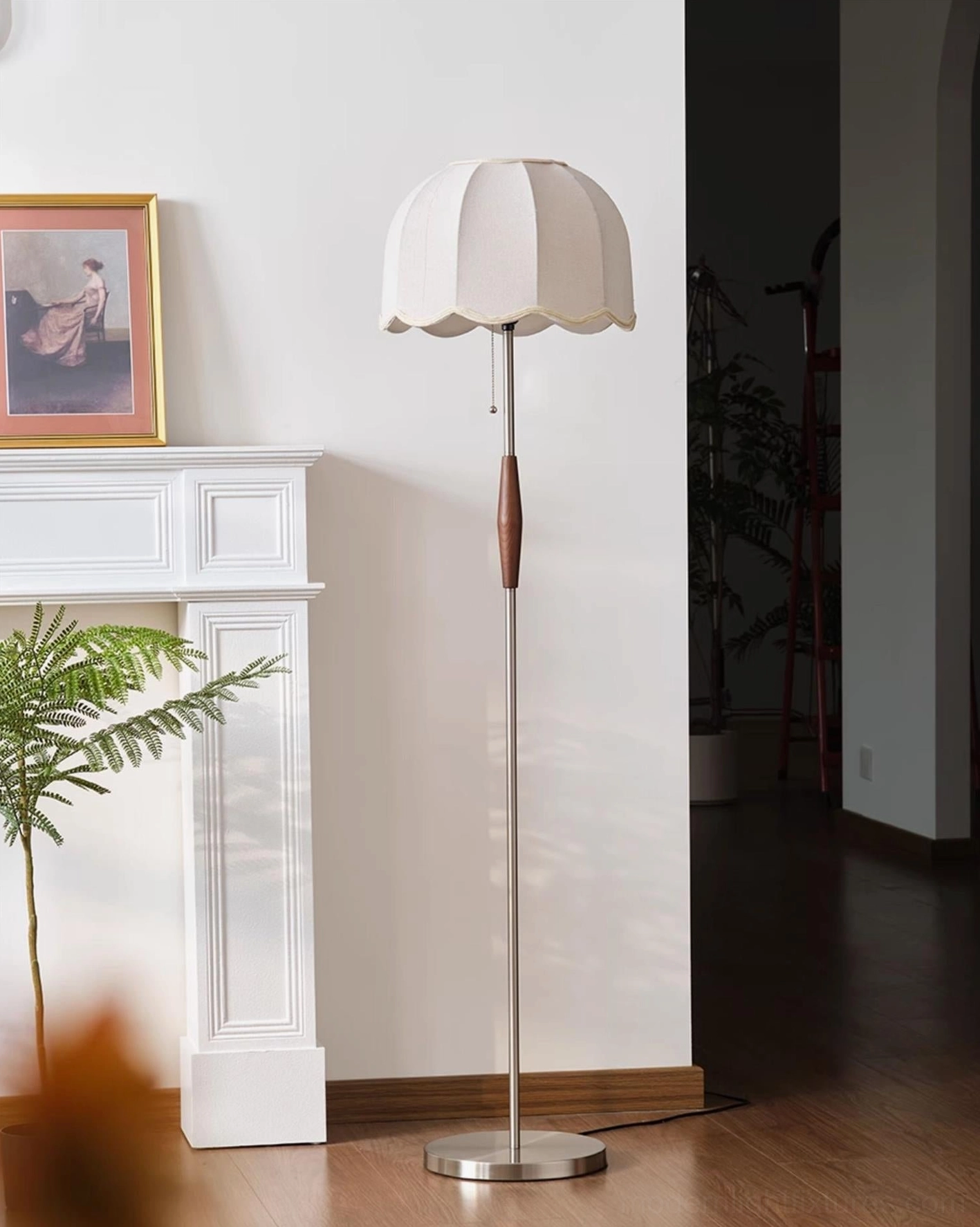 Colette floor lamp with silver metal base and walnut wood accent pole, unlit off-white fabric shade, right-side view