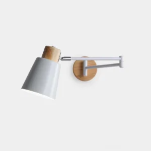 Collin adjustable wall sconce Nordic design with white metal frame and natural wood base front view