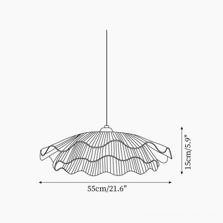 Product specification diagram showing 55cm diameter and 15cm height dimensions for wavy pendant light