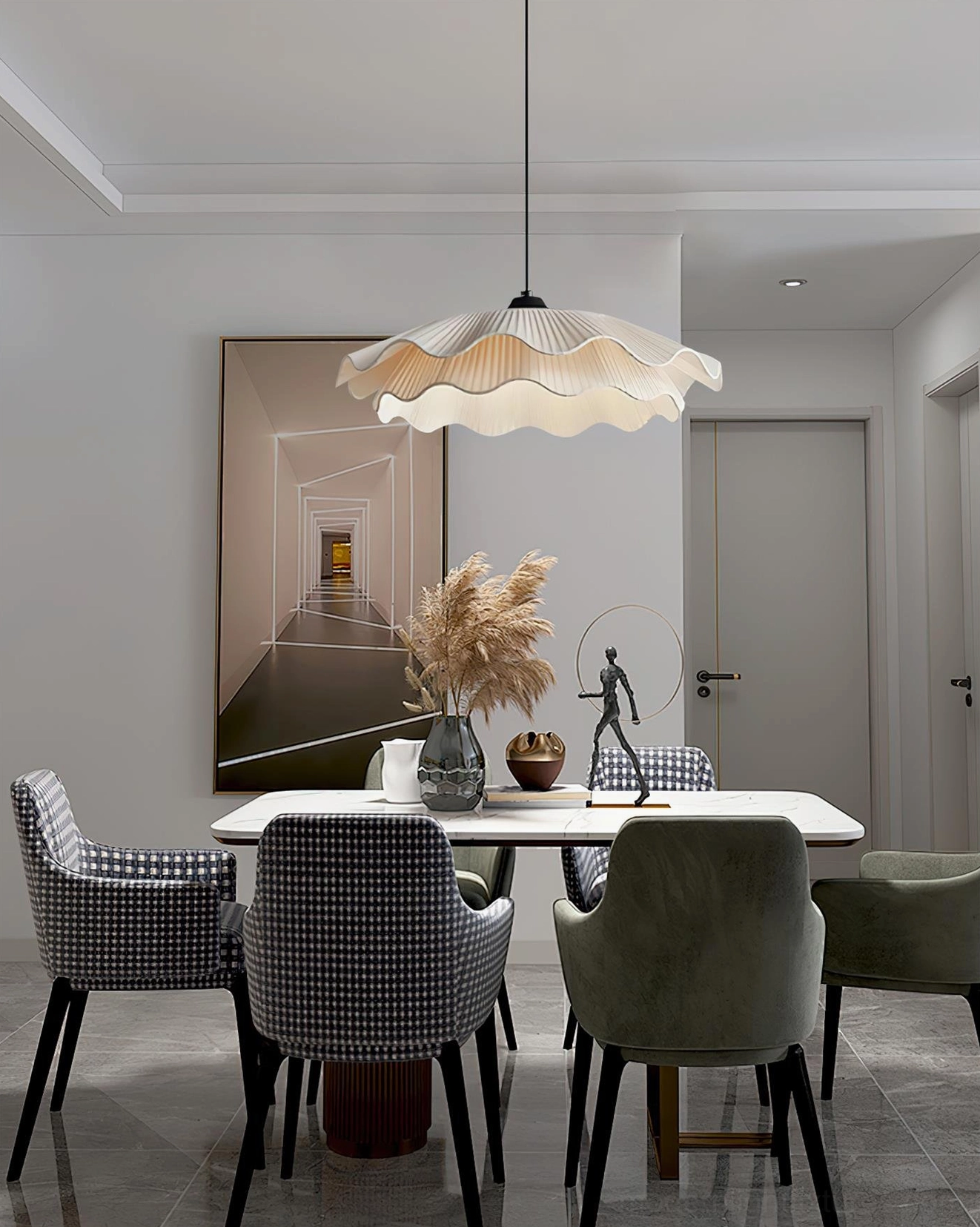 Modern pleated pendant light demonstrating soft warm white 3000K LED illumination in interior
