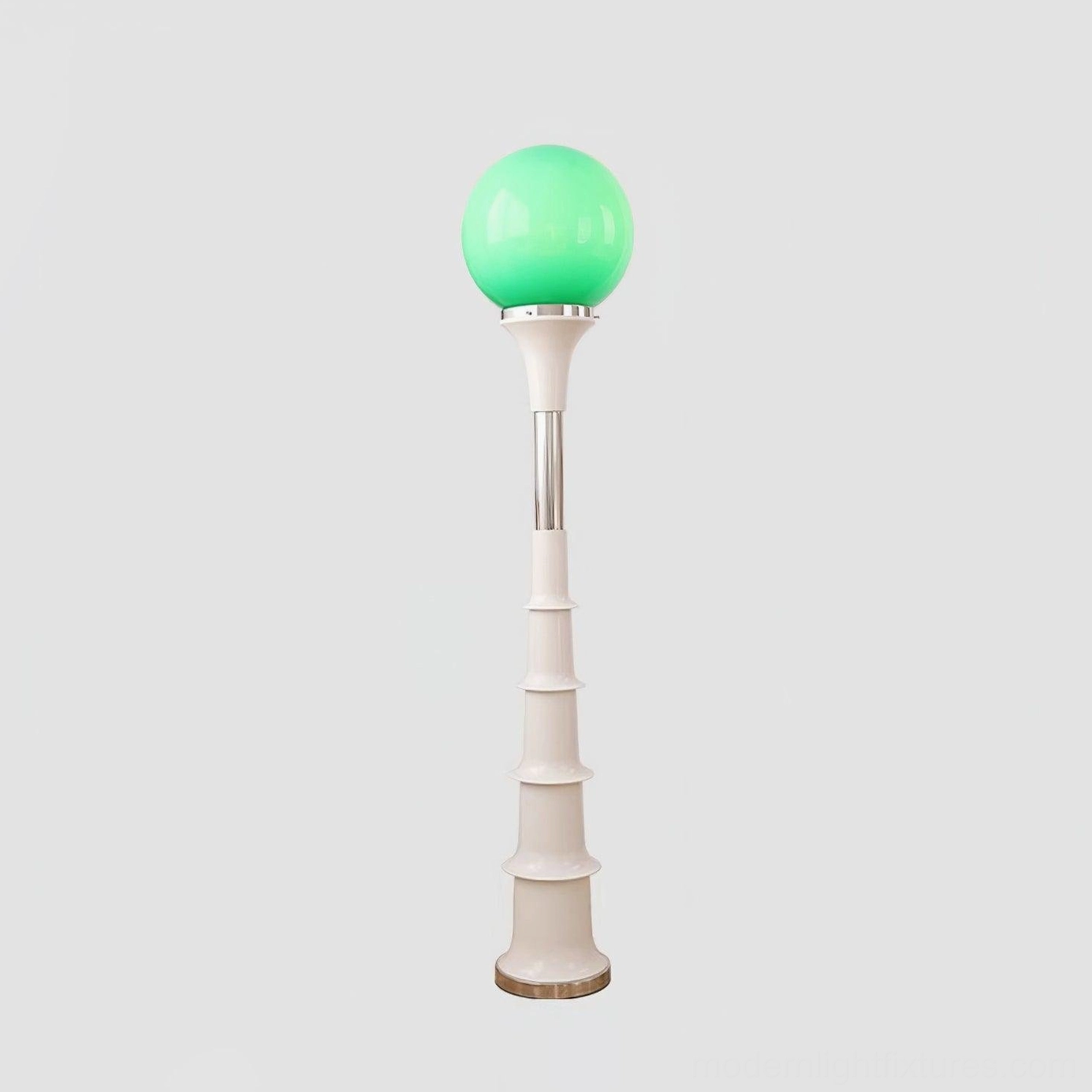 Segmented floor lamp with vibrant color-blocking showing geometric stacking and globe shade