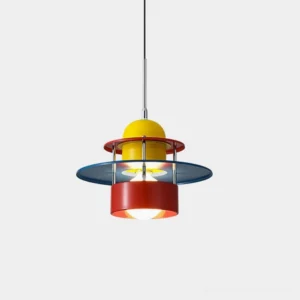 Coloraxis geometric pendant light with red, yellow, and blue color-blocked metal design, front overhead view against white studio background