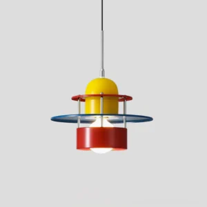 Bauhaus-inspired multicolor pendant lamp with layered metal discs in primary colors, side-front perspective showing tiered construction