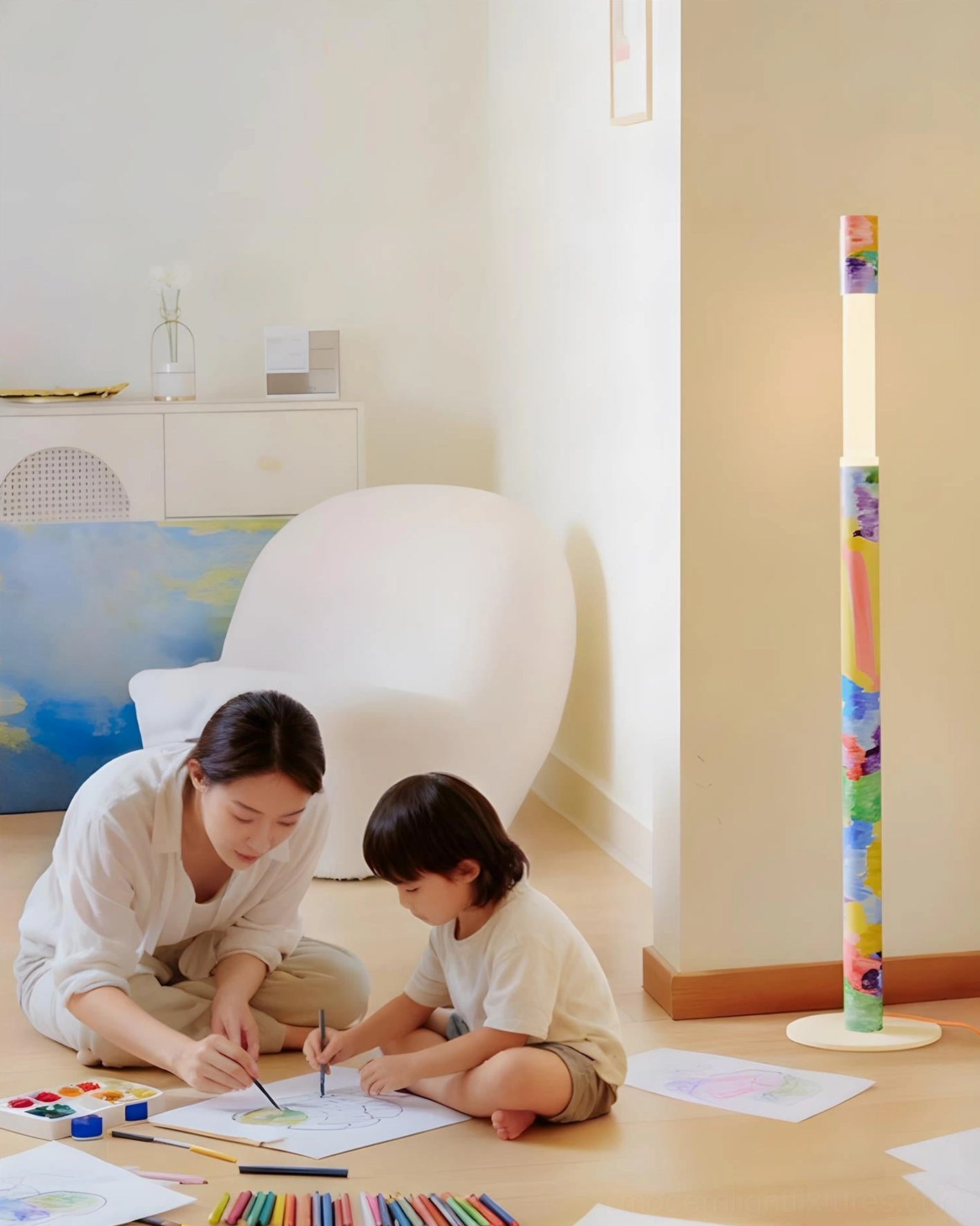Colorbeam painted floor lamp in home art activity corner near white cabinet with parent-child creative workspace, demonstrating interior design flexibility
