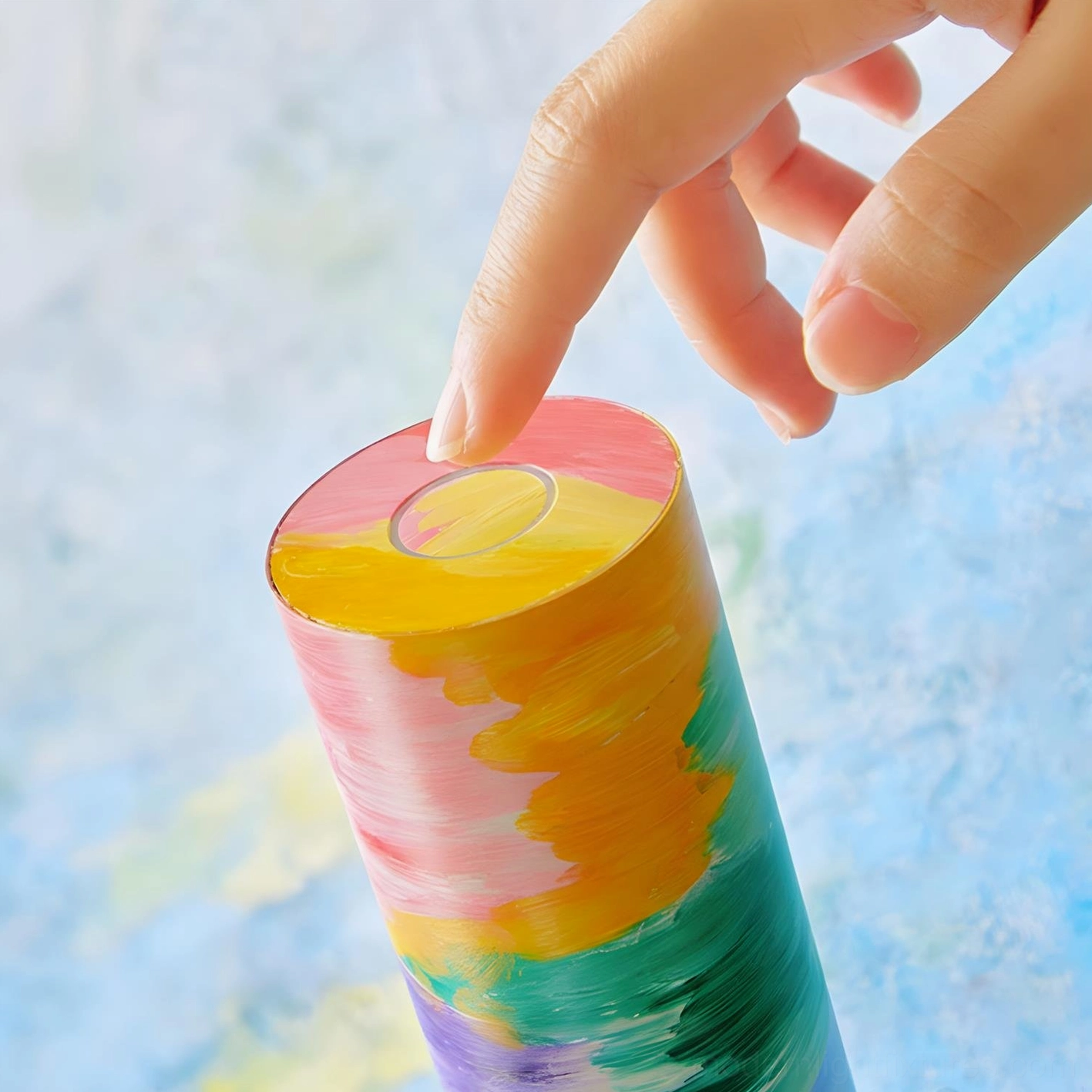 Colorbeam floor lamp top section close-up showing finger pressing foot switch control with gradient pastel paint finish