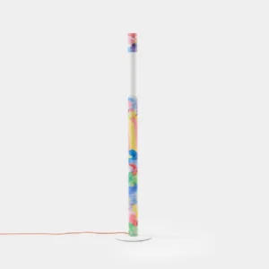 Colorbeam artistic hand-painted floor lamp with multicolor brushstroke design, minimalist white studio backdrop, front view showing cylindrical body and round base