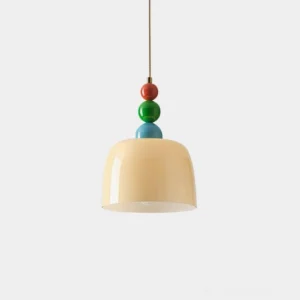 Colorful beaded pendant light with stacked glass bead finial and cream frosted shade, front close-up view