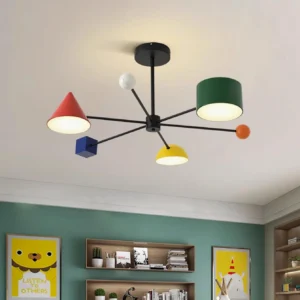 Contemporary colorful sputnik ceiling lamp installed in modern bedroom with green accent wall and black metal frame