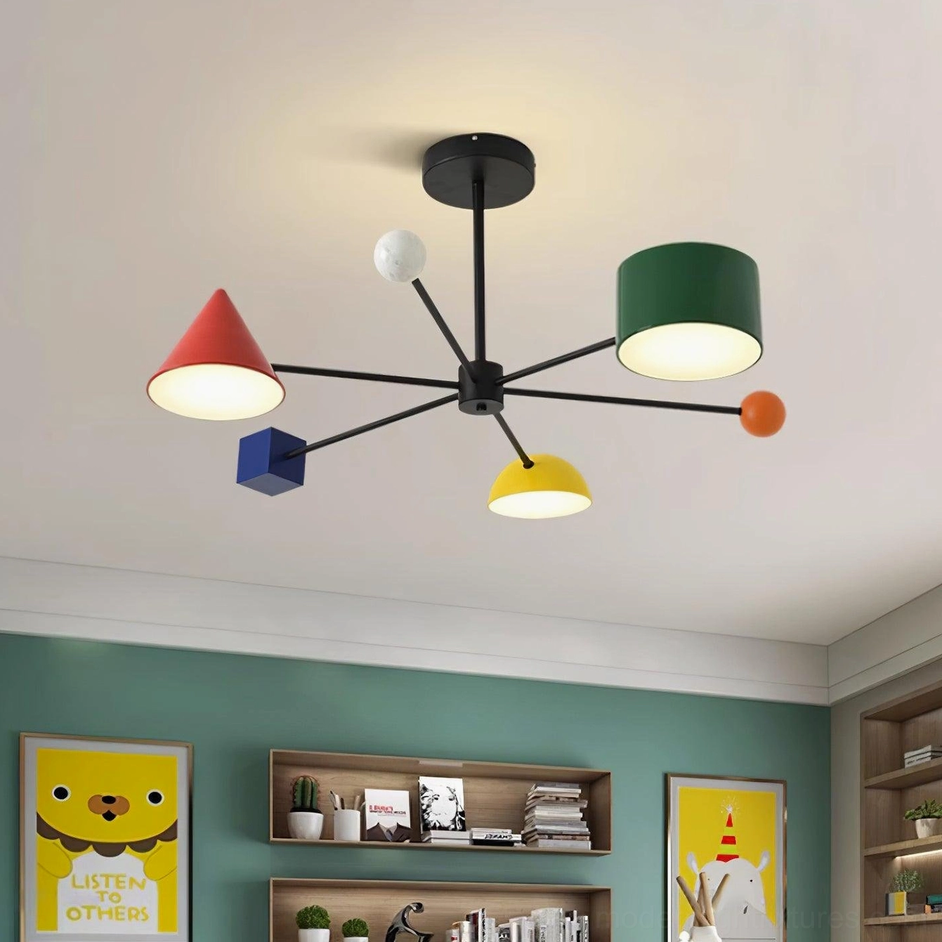 Contemporary colorful sputnik ceiling lamp installed in modern bedroom with green accent wall and black metal frame