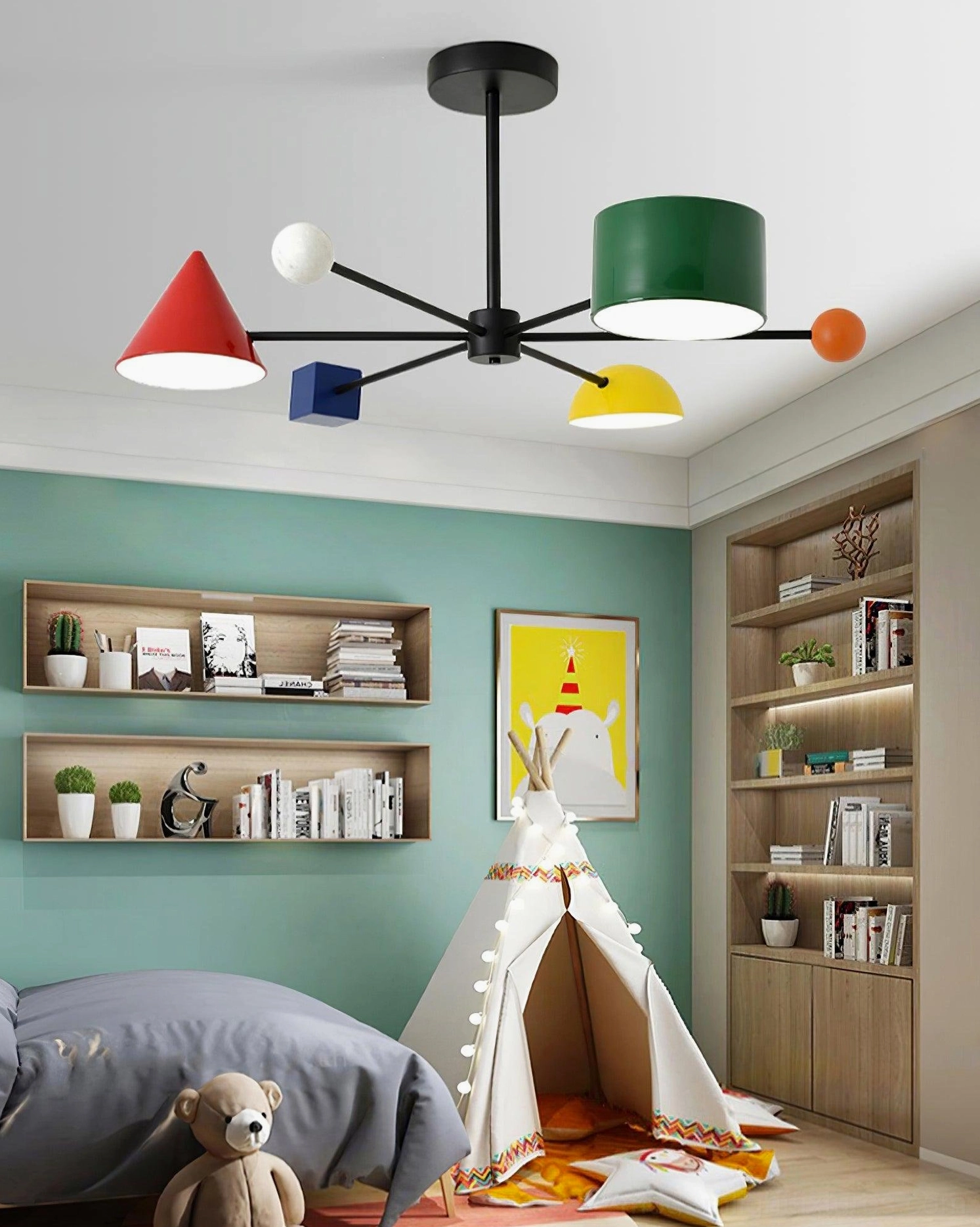 Geometric colorful ceiling light fixture with three-color changing LED technology in modern interior space
