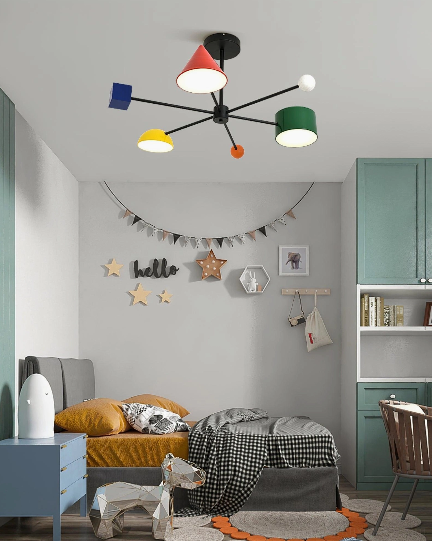 Multicolor branch ceiling lamp with black metal frame and mixed colored acrylic heads in warm children's bedroom