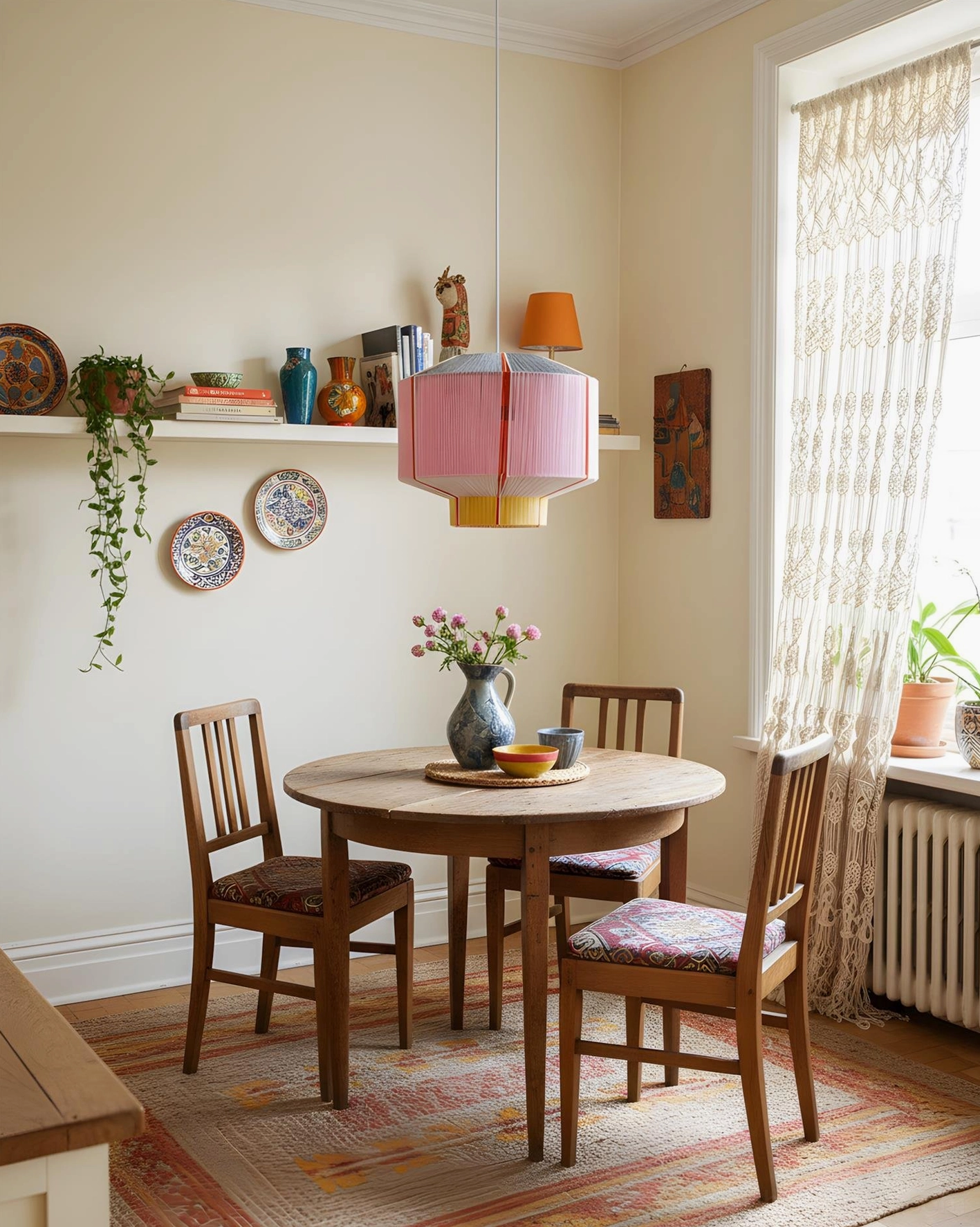 Faceted fabric pendant lamp in compact dining space with decorative wall shelf and macrame window treatment