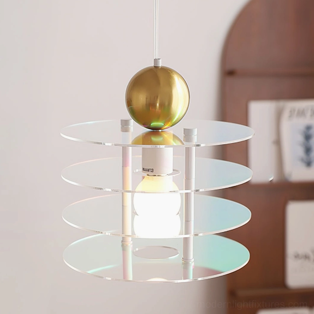 Colorful tiered acrylic pendant light with gold accent and geometric modern style