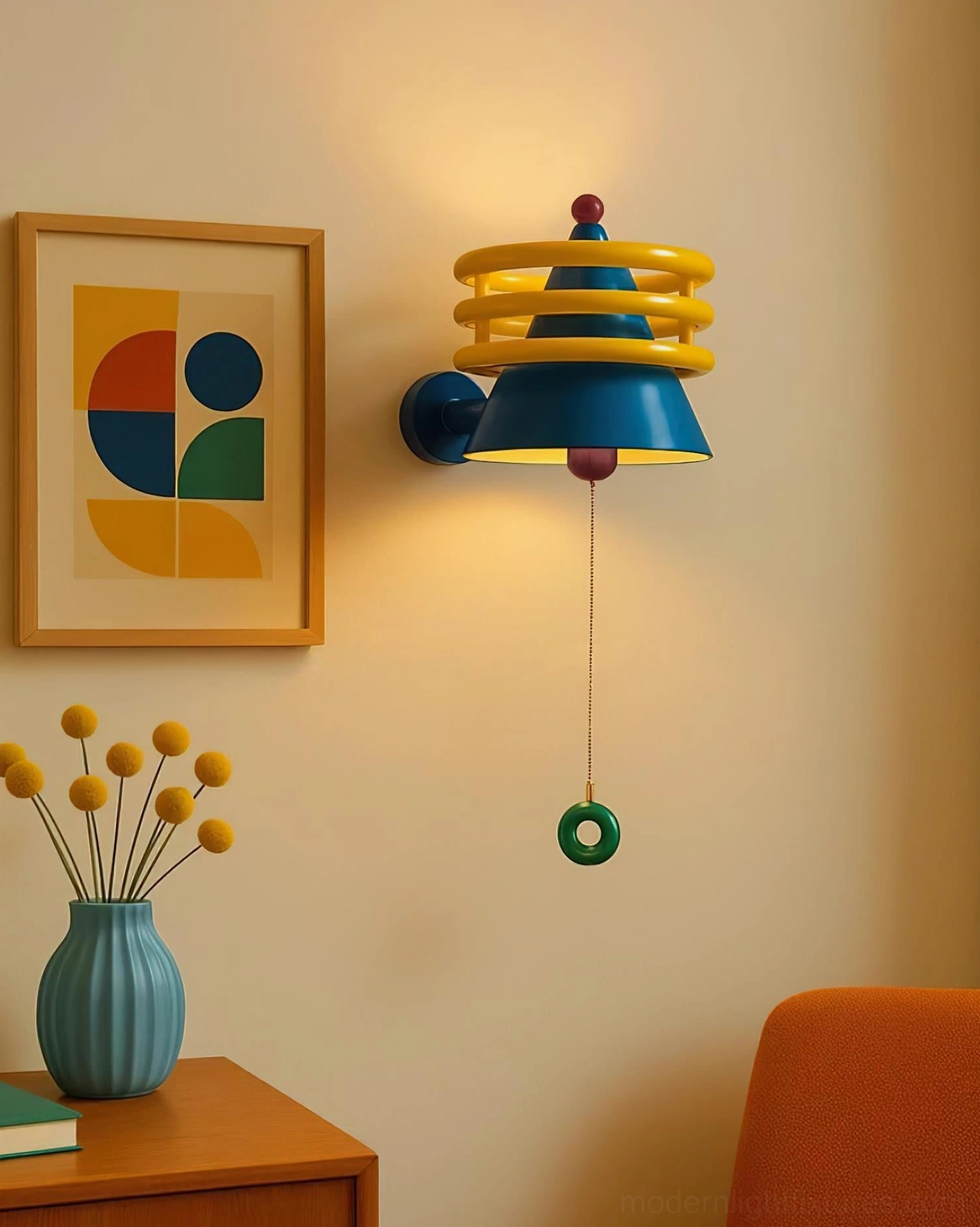 Kinetica colorful wall lamp side installation in cozy living room with warm ambient lighting