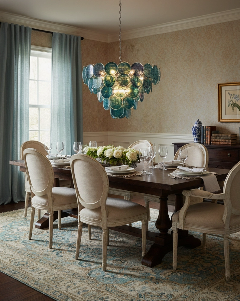 Colorful white glass disc chandelier 5-layer grand size cream-yellow fixture detail