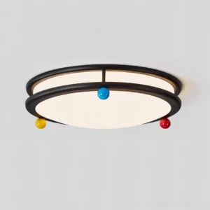 Contemporary flush mount ceiling lamp with geometric circular frame and vibrant color accent beads angled product photography