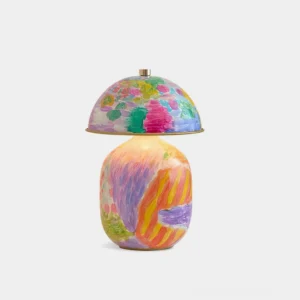 Colorwave hand-painted ceramic table lamp with vibrant multicolor abstract patterns and curved fabric shade