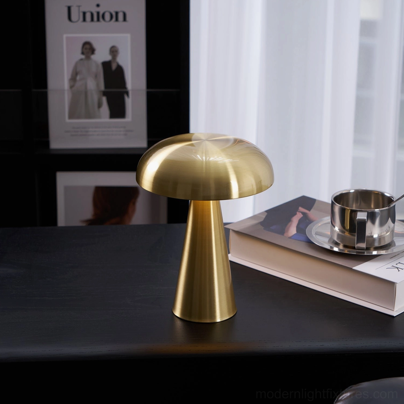 Como cordless touchbase table lamp with integrated LED and aluminum dome shade on display surface