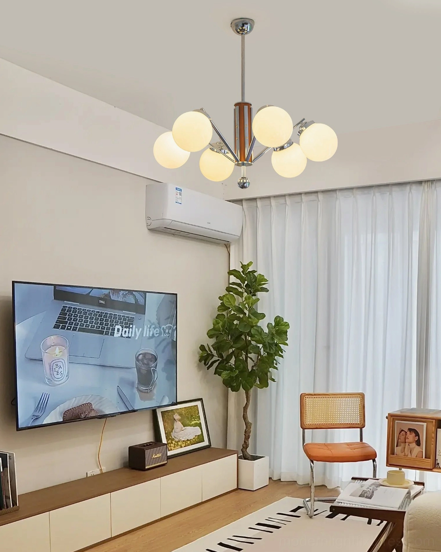 Compact 3-head sputnik chandelier technical specifications, chrome and walnut construction, ambient lighting fixture