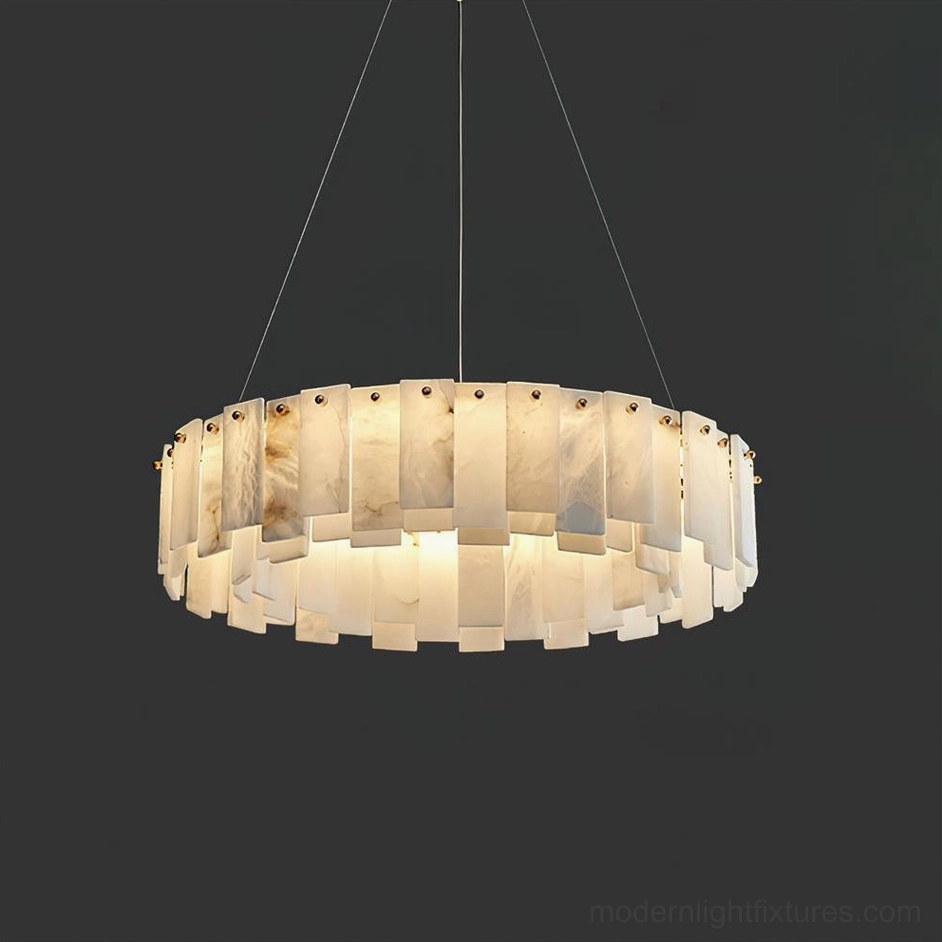 Single-tier compact alabaster chandelier 45cm diameter, natural stone ring light fixture with brass hardware, contemporary minimalist modern lighting design