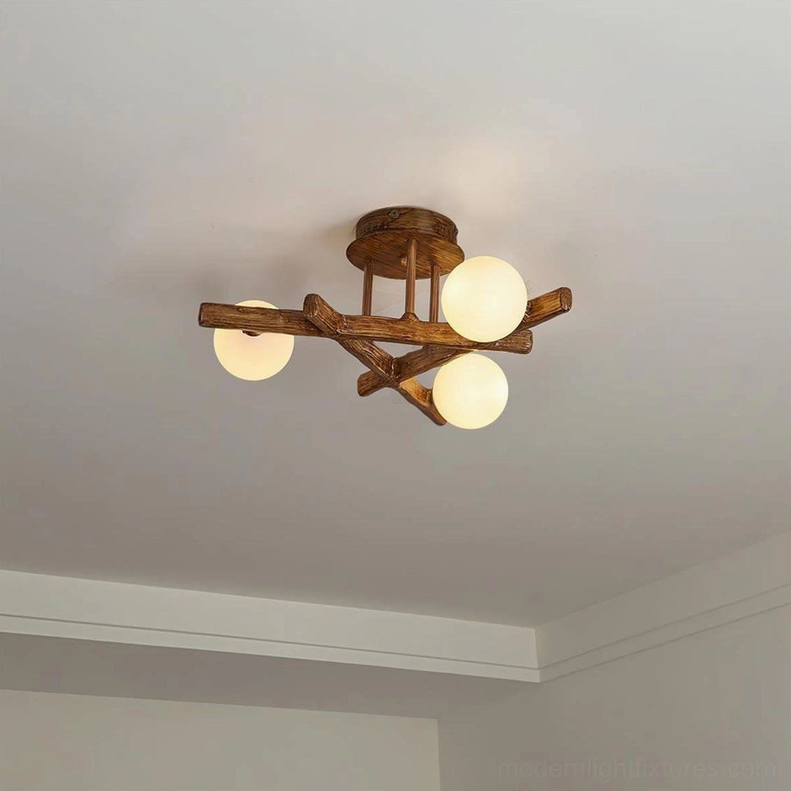 Compact 3-head semi-flush ceiling lamp with rustic wood design in residential entryway