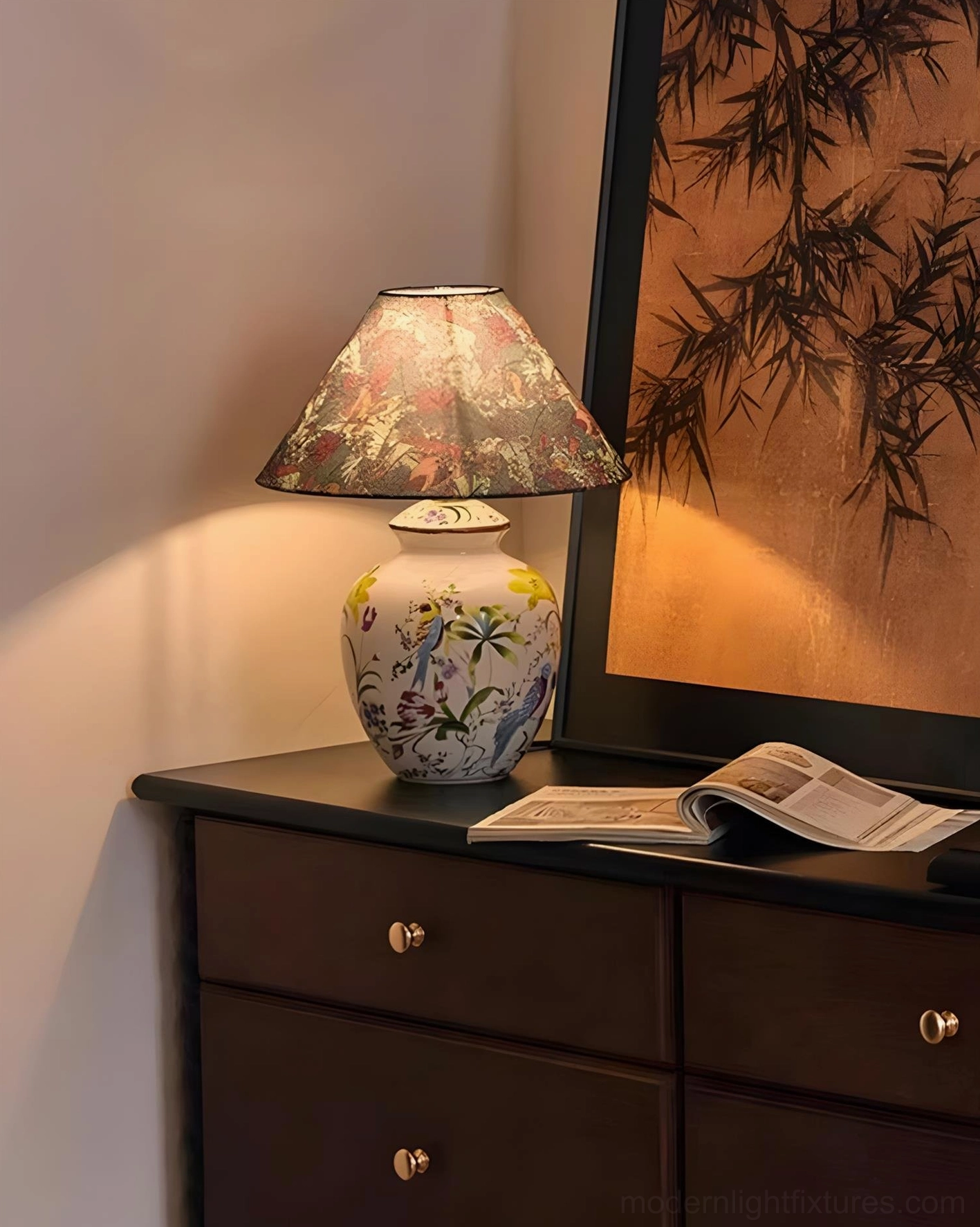 Compact bedside ceramic table lamp with dark floral shade and small hand-painted porcelain base, bedroom desk side angle lighting