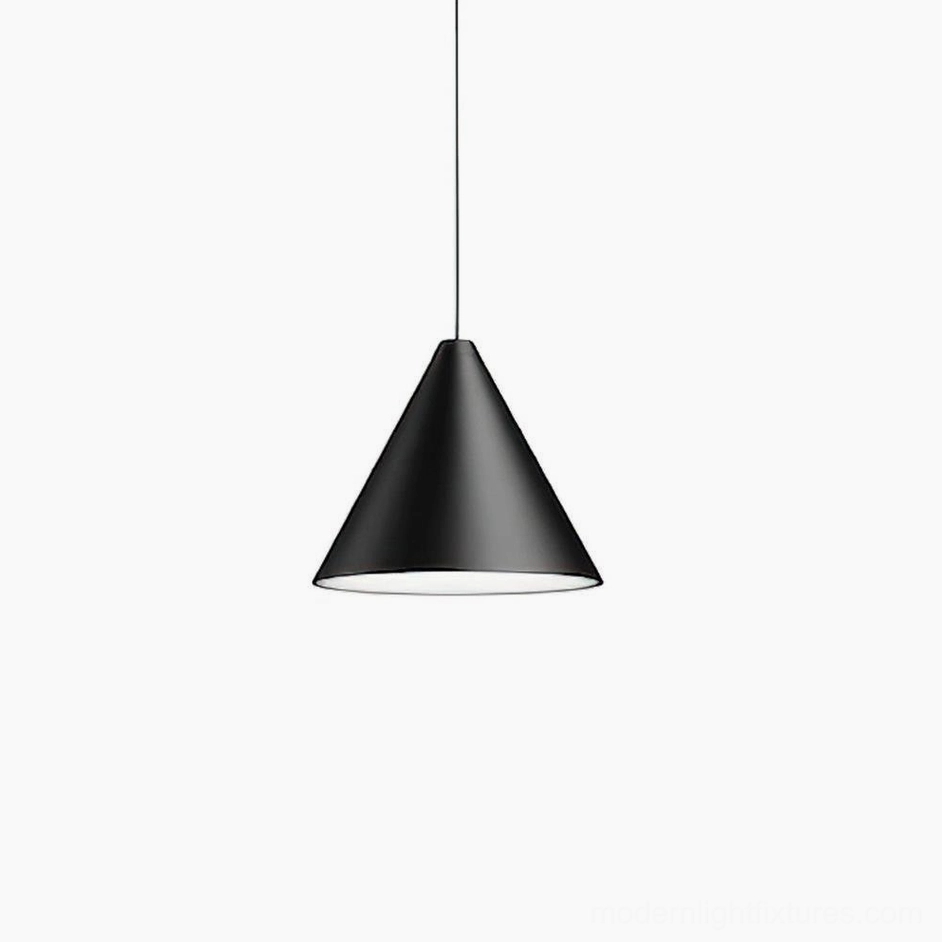 Compact black cone pendant light, diameter 21cm height 16cm, minimalist metal fixture with exposed cable