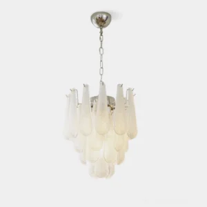 Compact tiered waterfall glass chandelier with frosted glass droplets and chrome metal hardware, front studio view