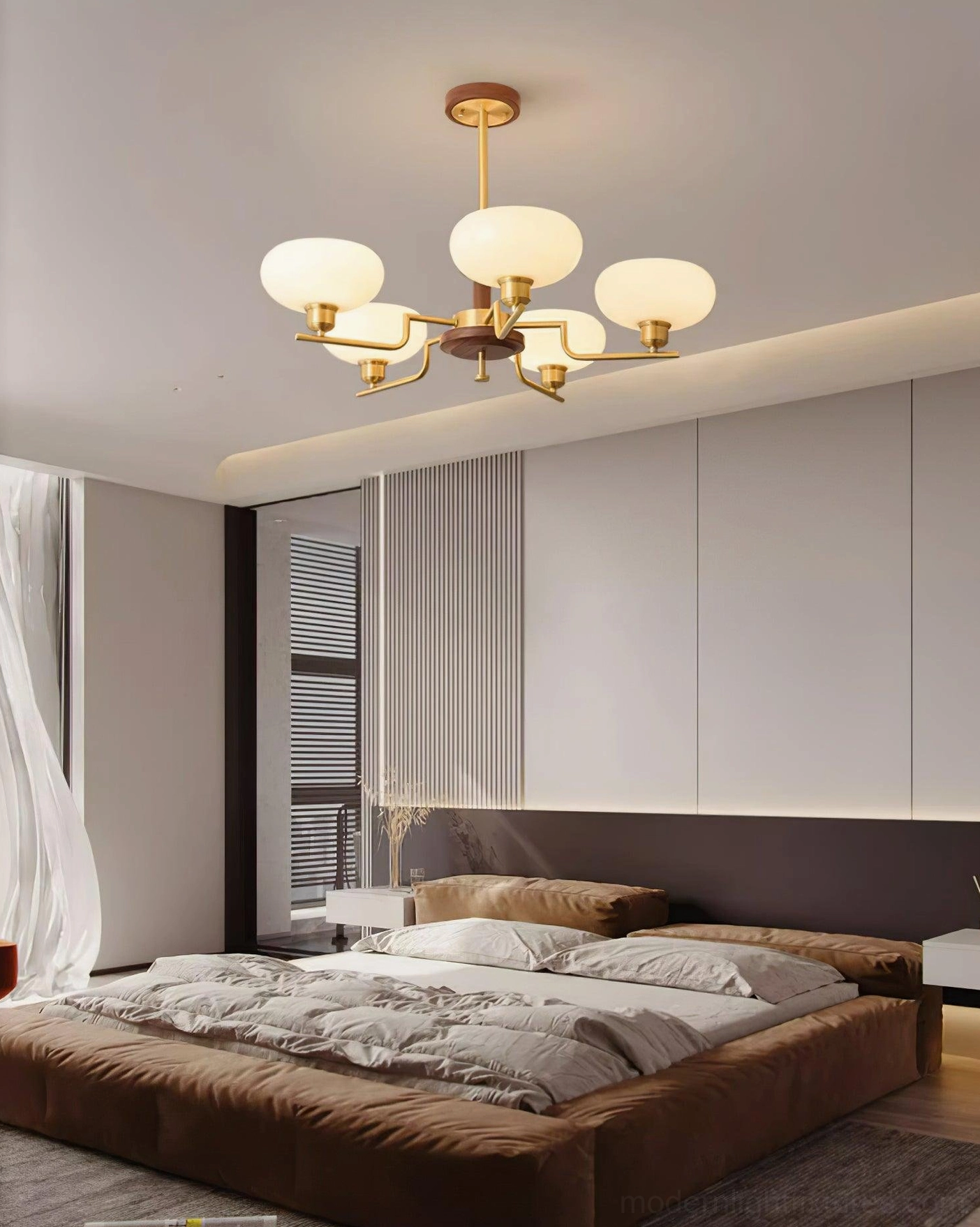 3-head compact glass pendant chandelier with brass metalwork for smaller spaces and bedroom applications