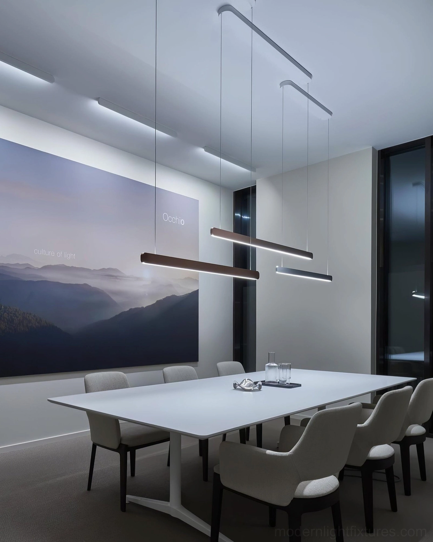 Compact 102cm linear pendant lamp in white finish for smaller dining surfaces