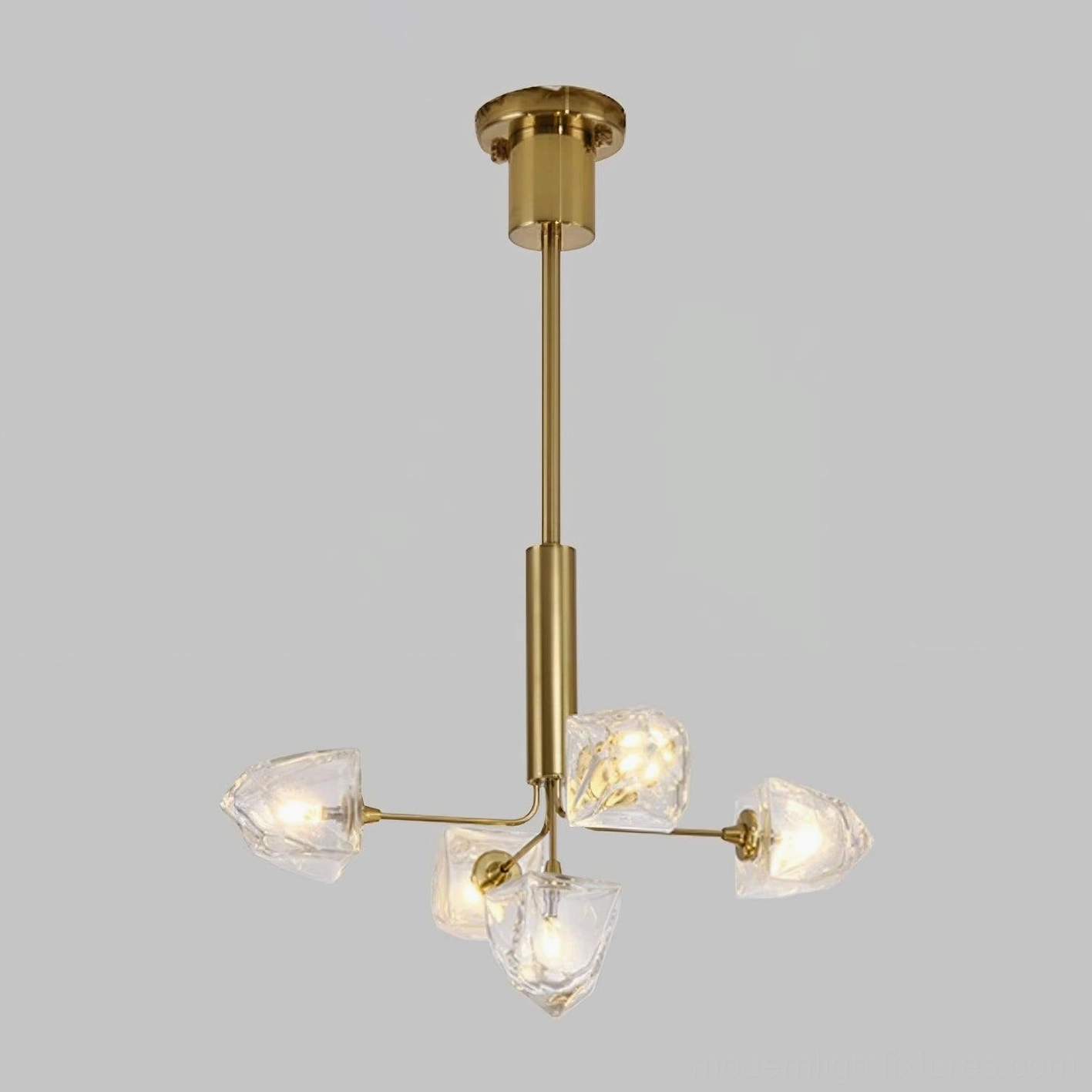 Compact modern glass chandelier 50cm size with brass gold finish and clear faceted shades
