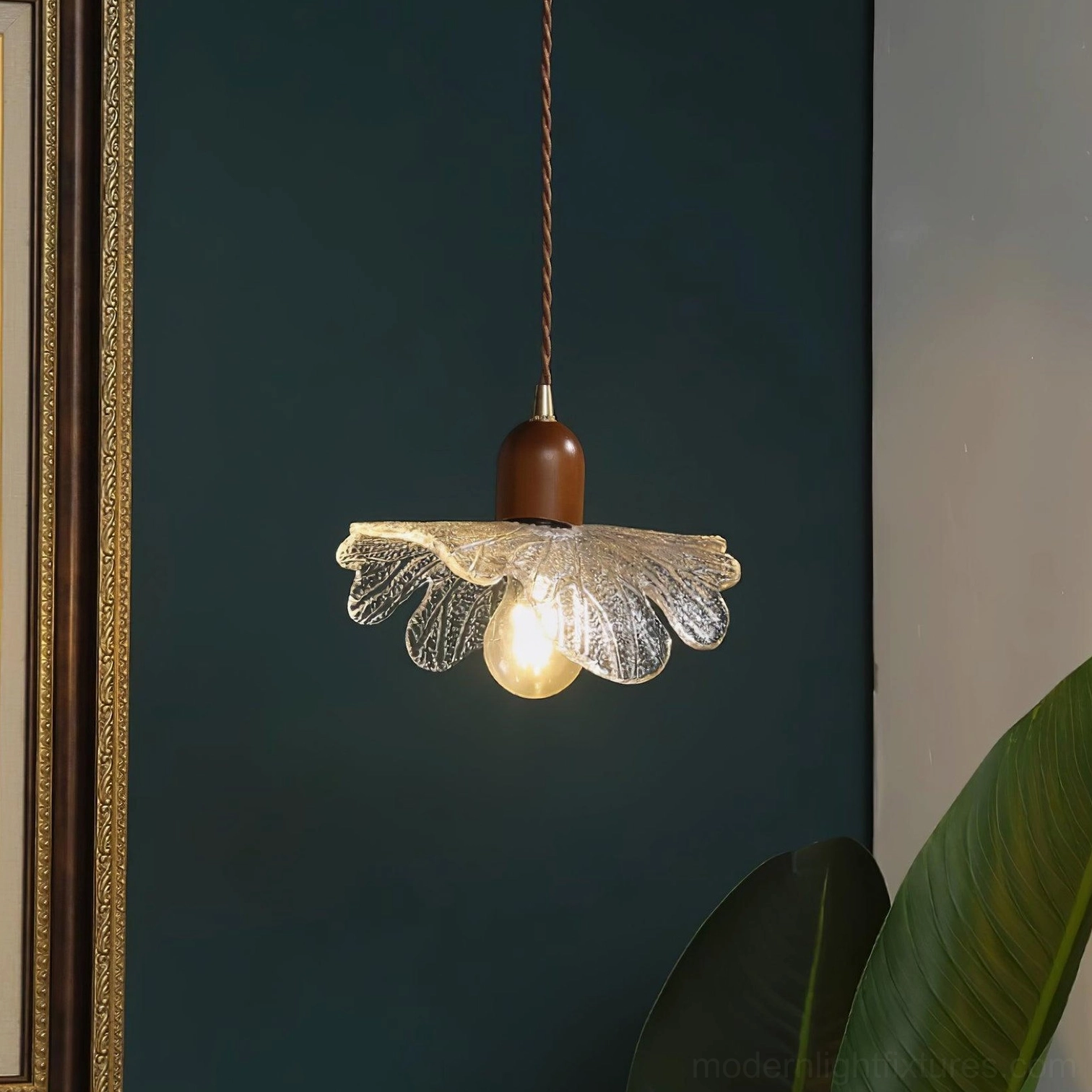 Compact petal glass pendant fixture with textured shade, modern minimalist styling