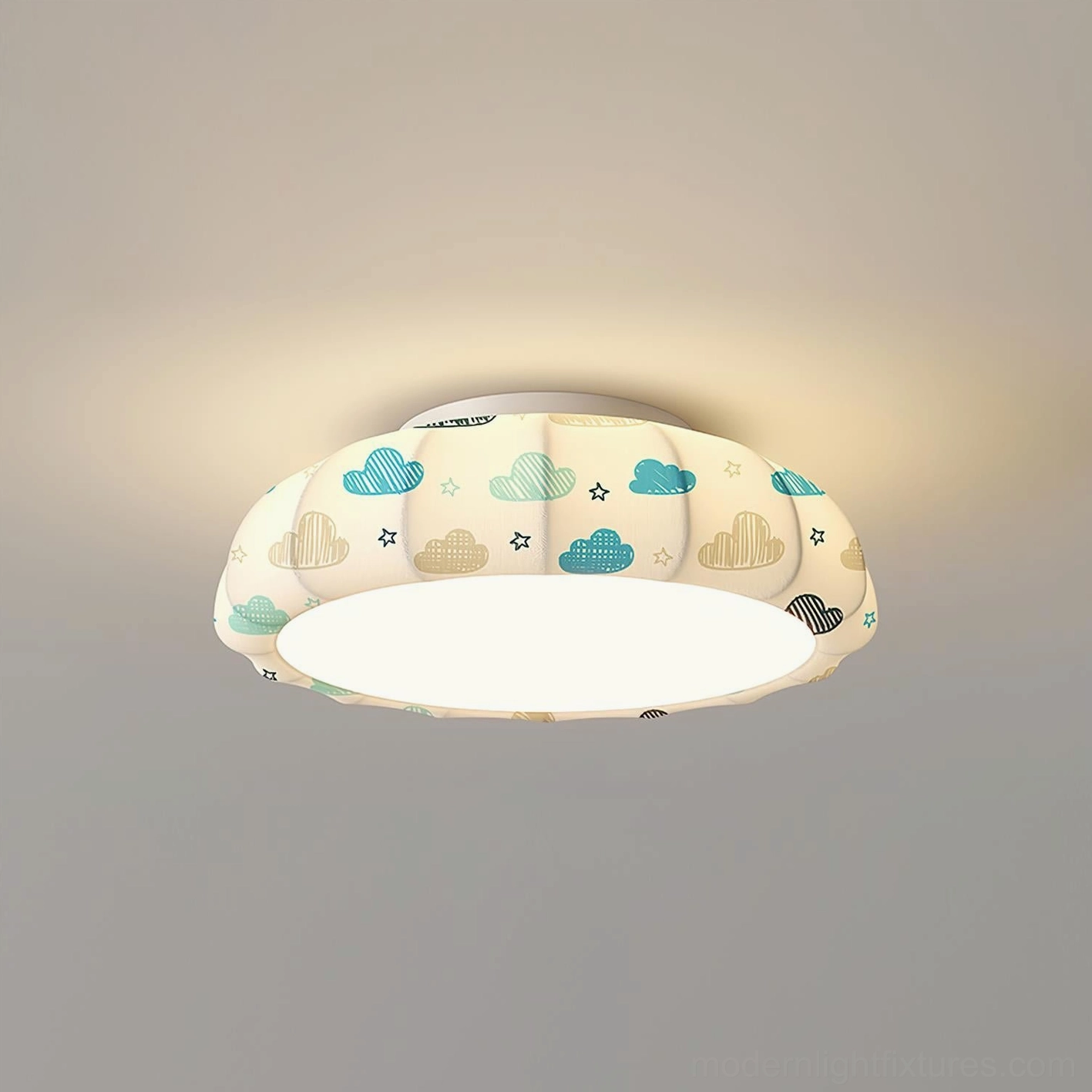 Red accent pumpkin ceiling light with suspended unicorn decoration, compact Model A design suitable for nurseries and small rooms