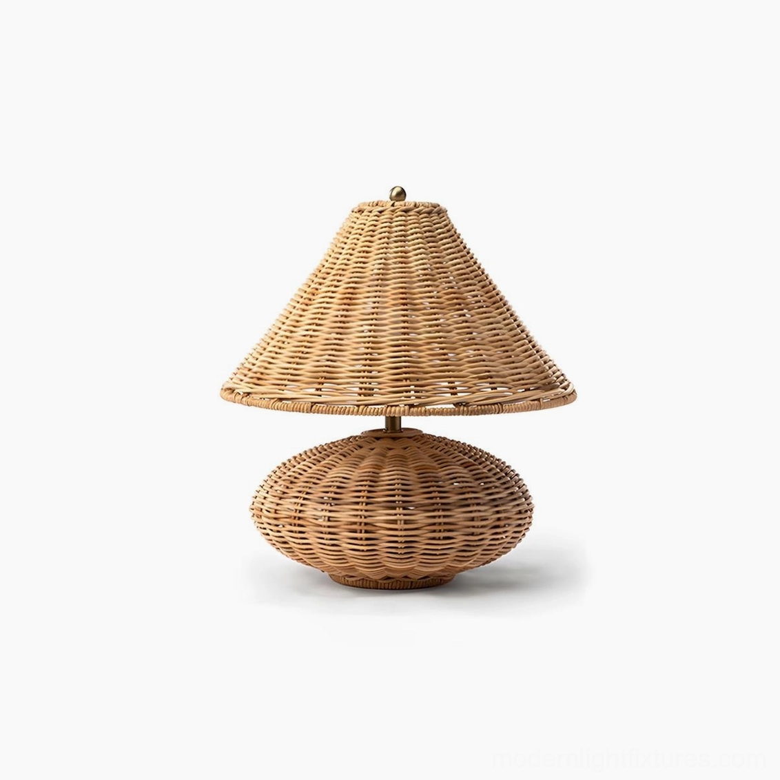 Compact handwoven rattan table lamp, front view studio shot displaying smaller scale oval base with consistent woven texture throughout shade