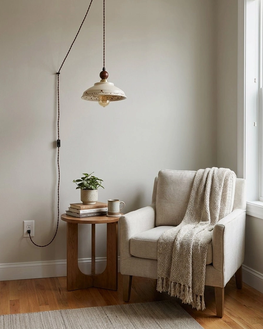 Plug-in ceramic pendant lamp installed in compact home reading corner on light gray accent wall