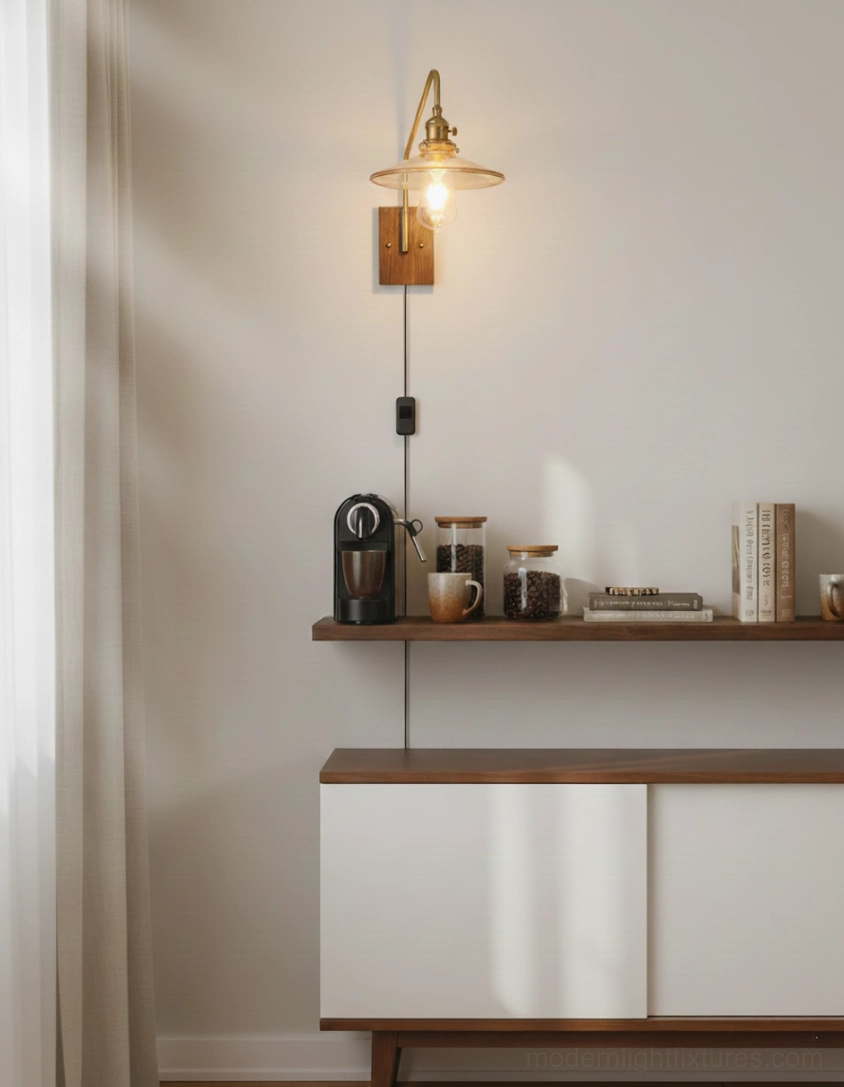 Compact retro wall sconce displayed as kitchen bar counter accent light on wooden shelf