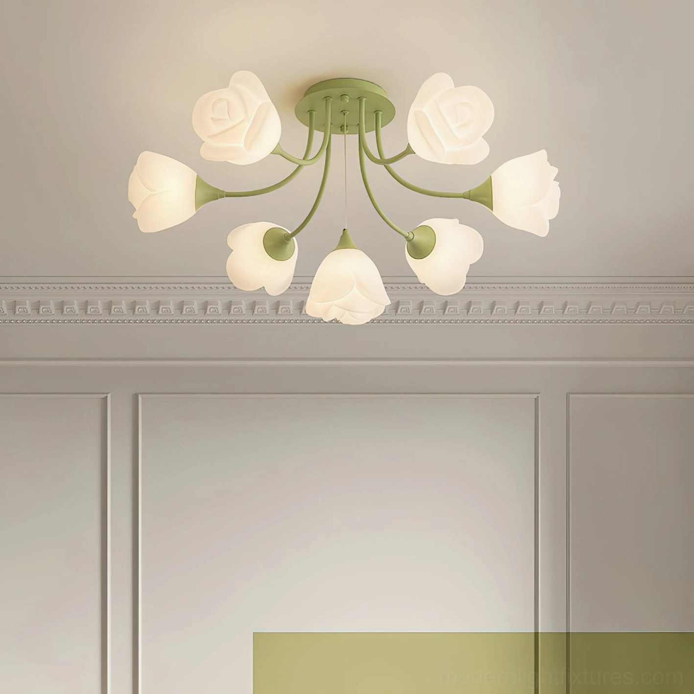 Compact rose semi-flush ceiling lamp with eight rose-shaped shades in cream-style interior