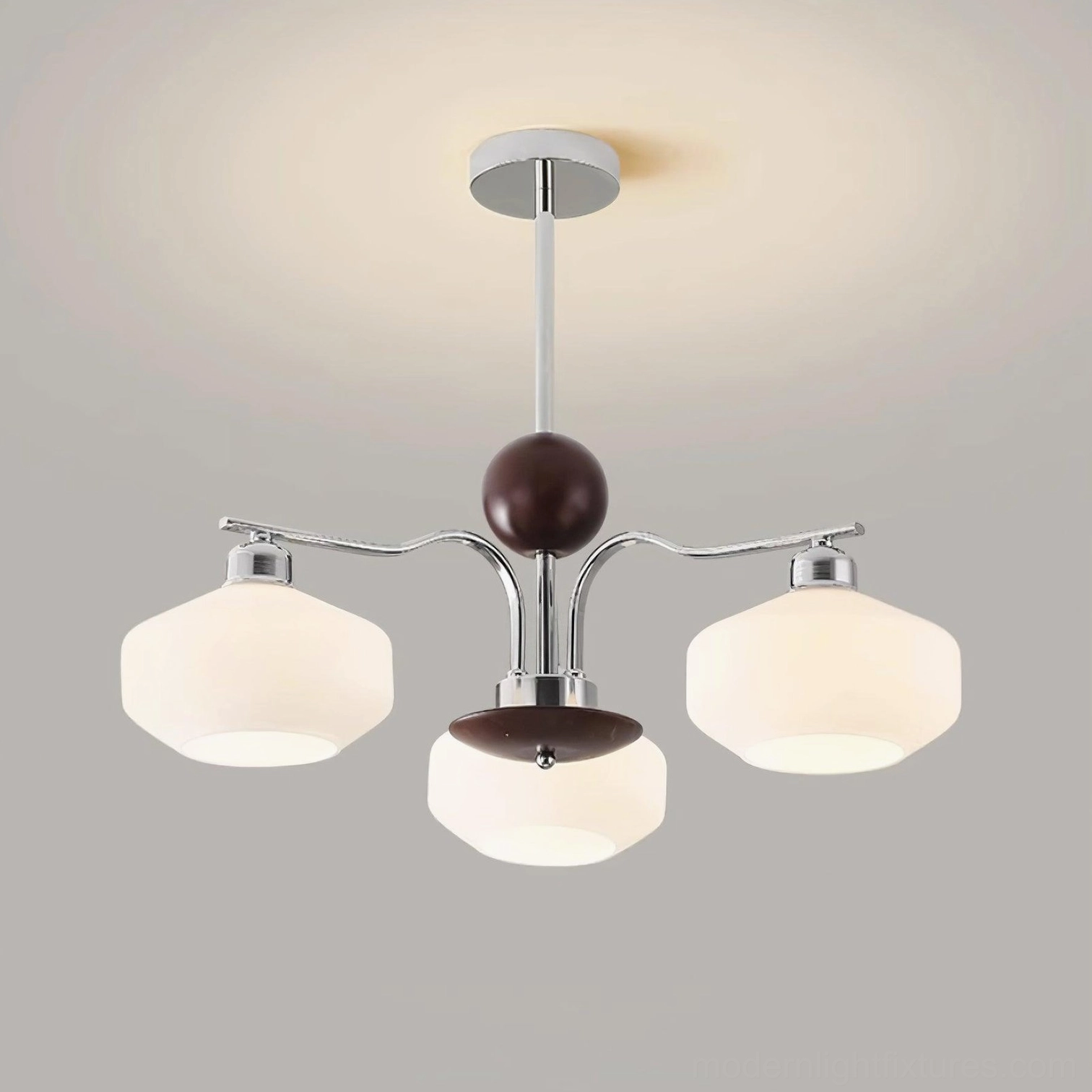 Compact 3-head retro sputnik chandelier with walnut wood and frosted white glass details