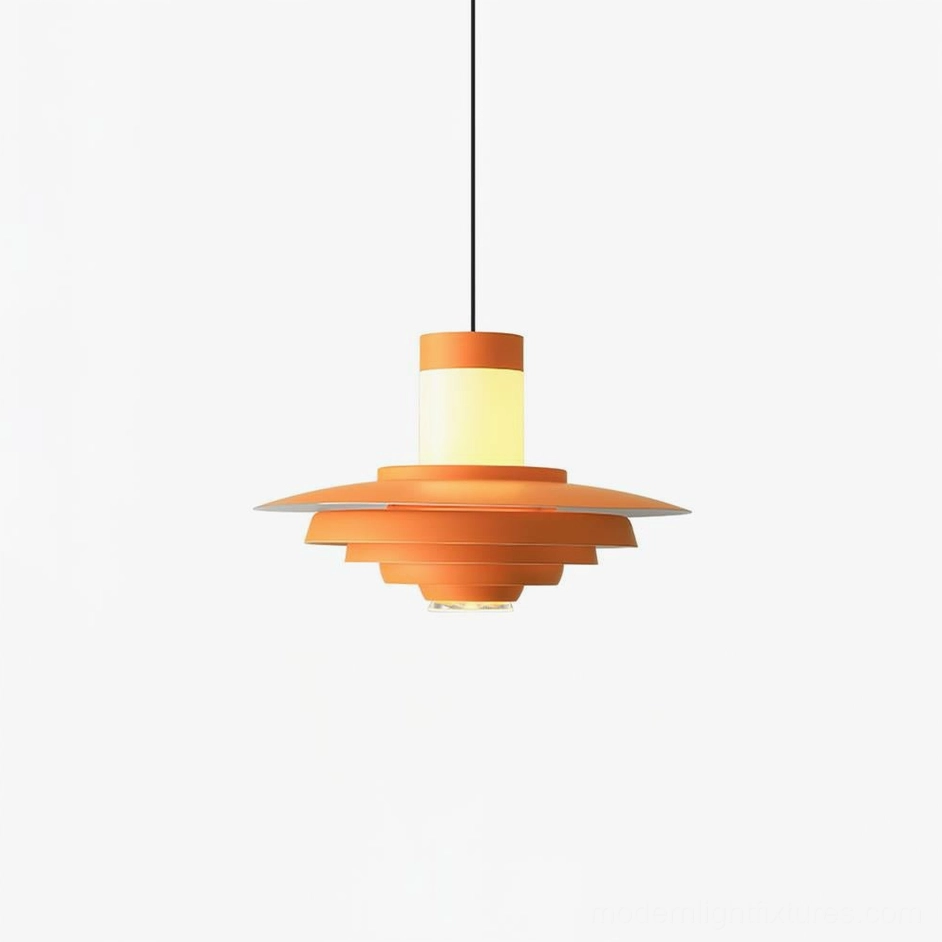 Compact tiered pendant light with warm orange matte metal finish showcasing layered architectural design and geometric silhouette