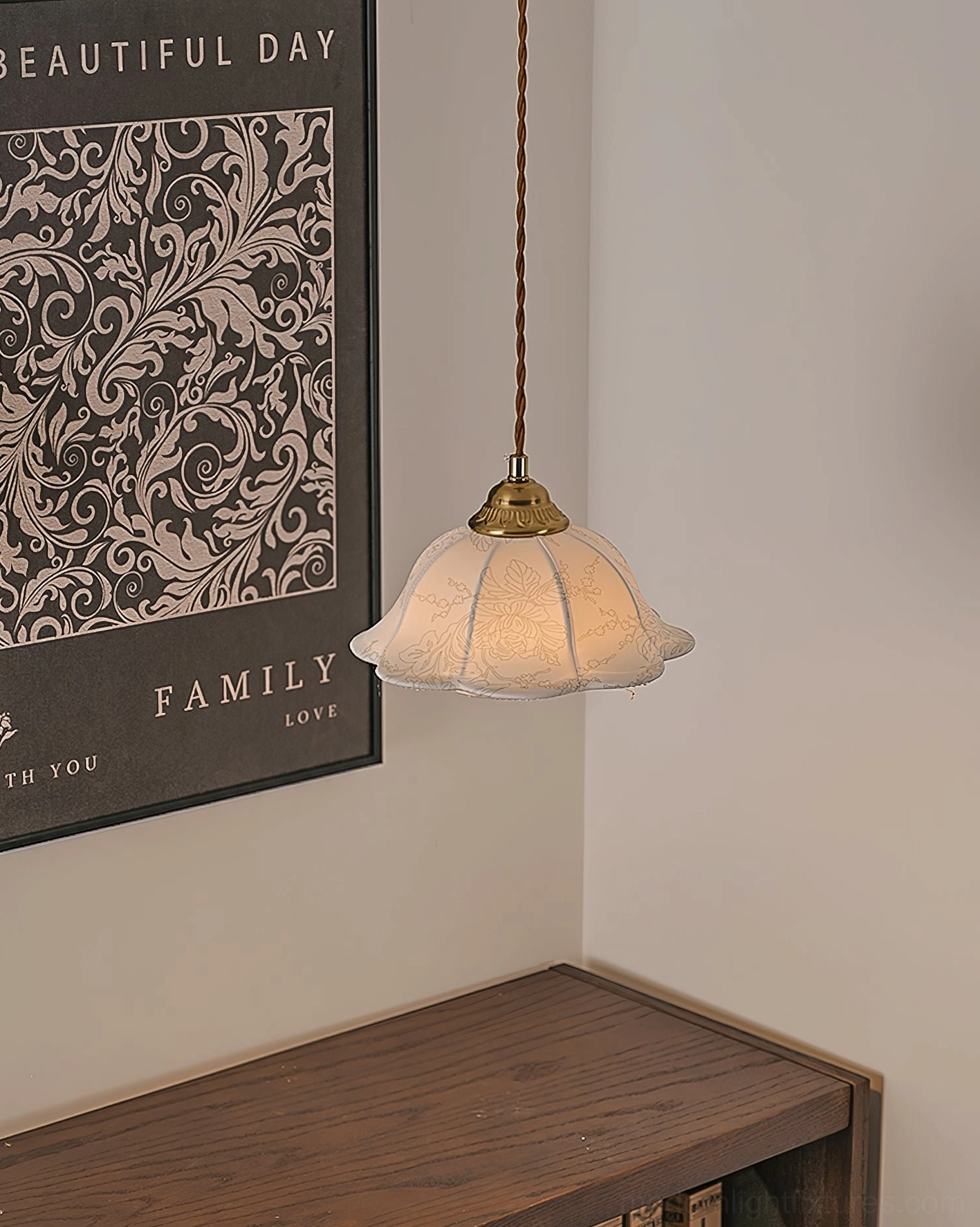Compact vintage fabric pendant light by entryway console table with warm beige tone