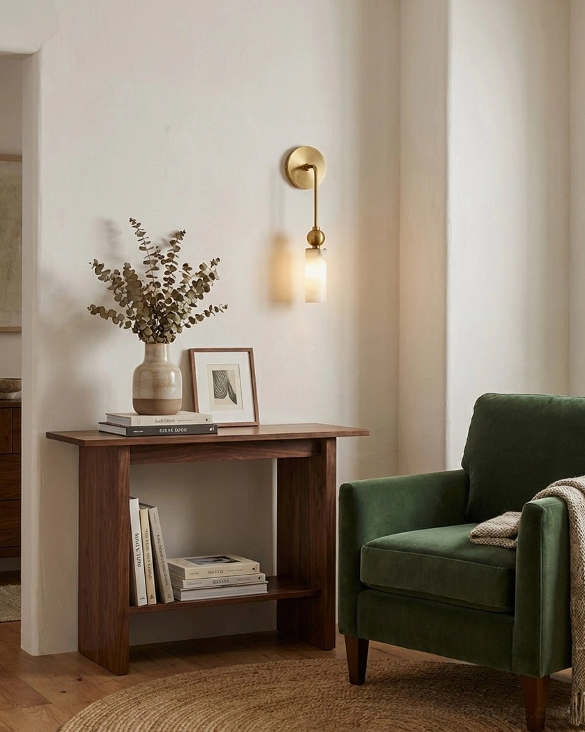 Compact single-head alabaster sconce in cozy living room corner with green velvet armchair and side table - modern ambient lighting