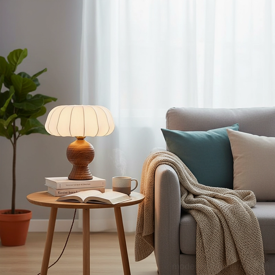 Compact walnut table lamp small living room side table contemporary interior with plants books
