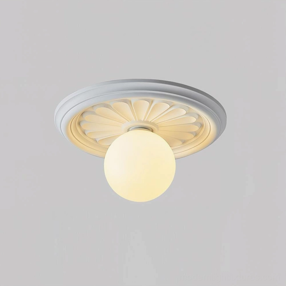 Compact white resin ceiling light 30cm with frosted acrylic globe warm ambiance
