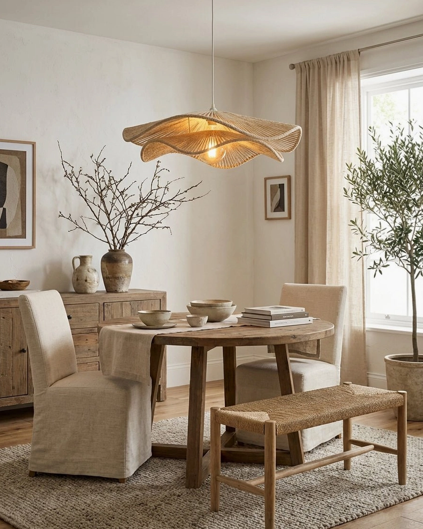 Modern woven hemp rope pendant light in compact dining area, warm beige natural fibers, minimalist boho lighting solution