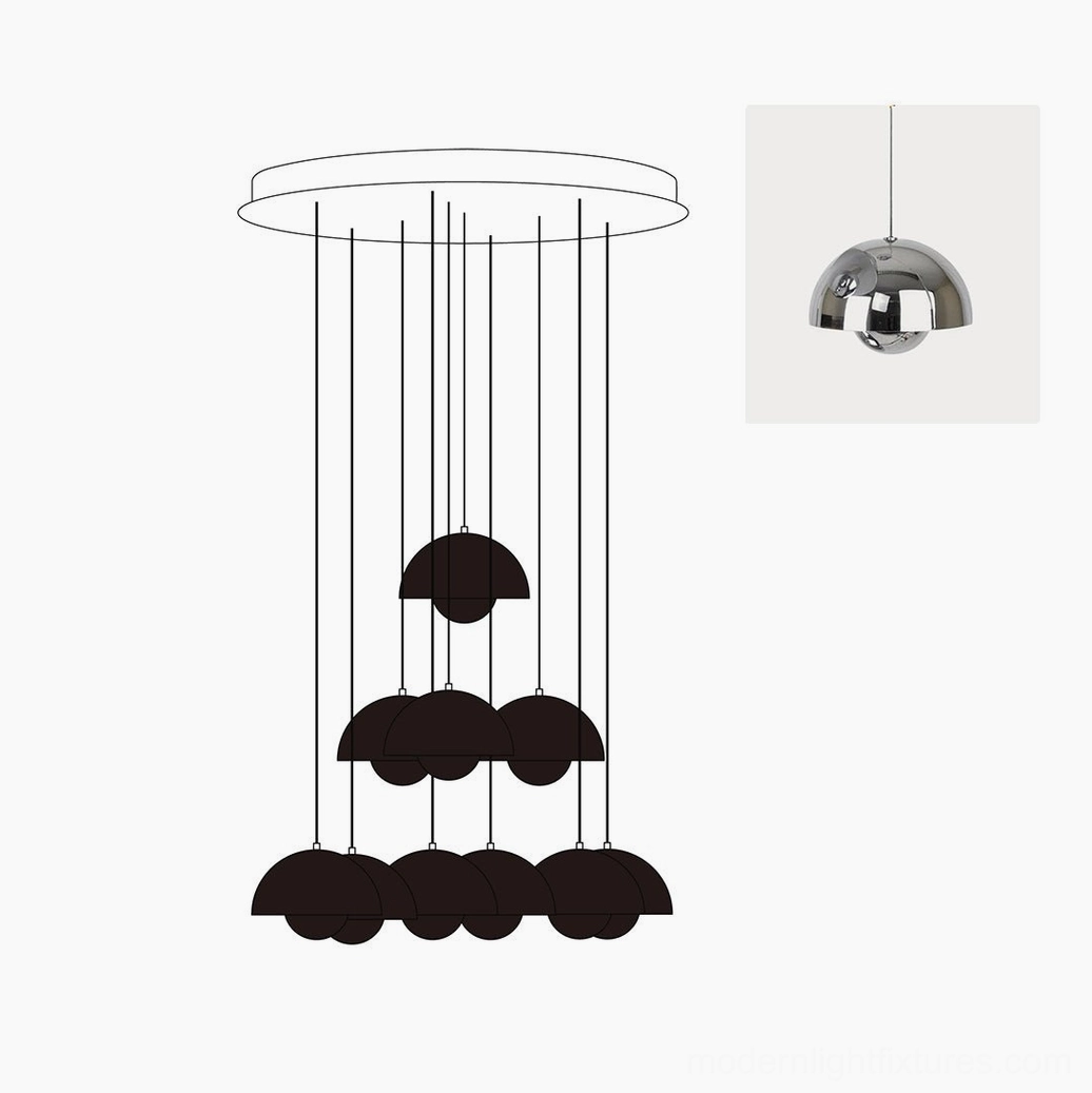 Modern multi-head dome pendant chandelier showing complete color and design specifications